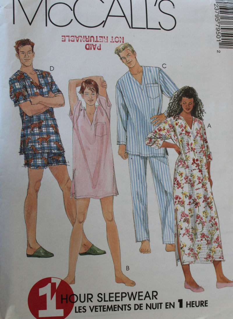 McCalls 7950, Mens, Womens Sleepwear, Uncut Sewing Pattern