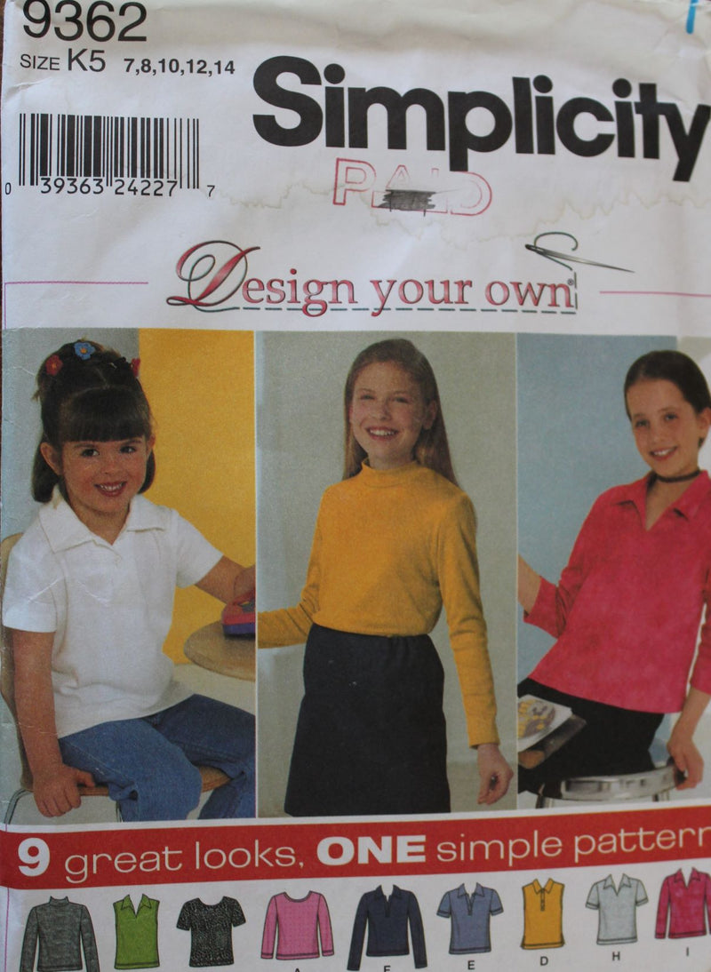 Simplicity 9362, Girls Tops, Shirts, Uncut Sewing Pattern