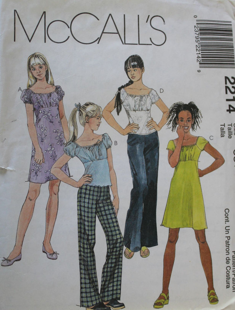 McCalls 2214, Girls Dresses, Tops, Pants, Uncut Sewing Pattern