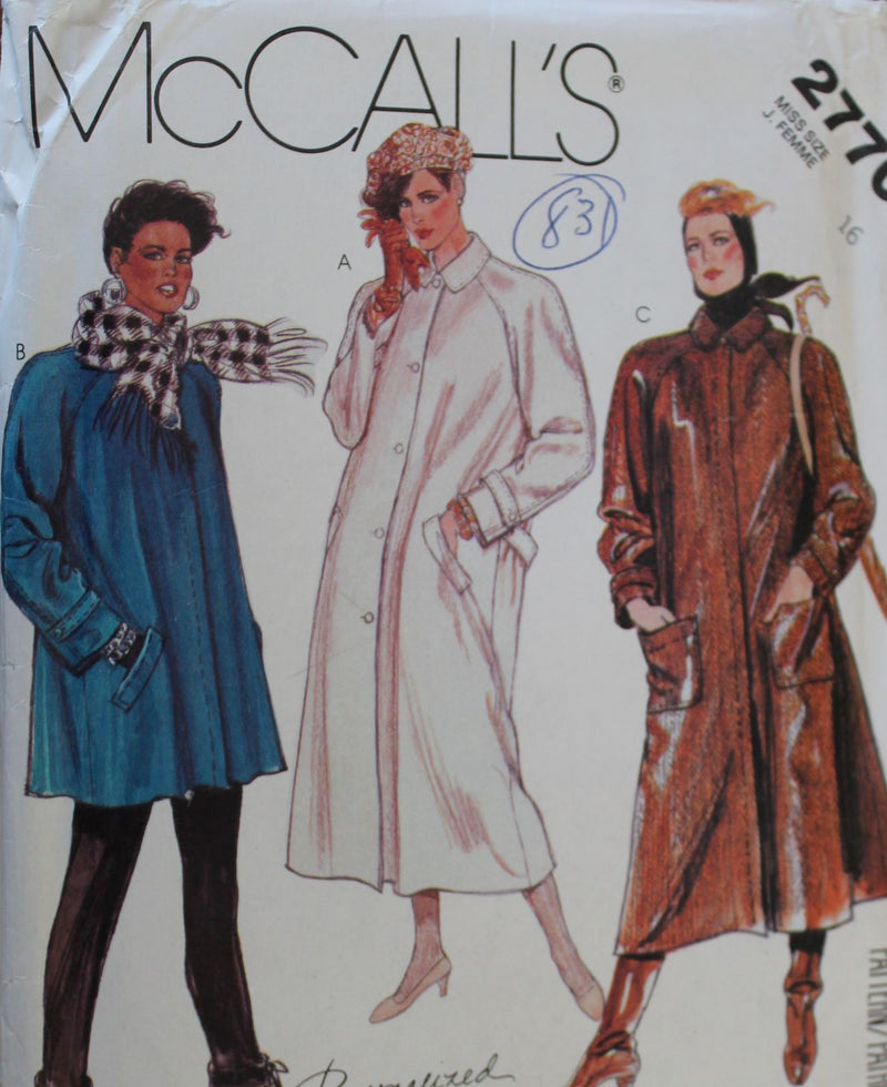 McCalls 2770, Misses Coats, Liner is Detachable, Uncut Sewing Pattern, Sz Varies