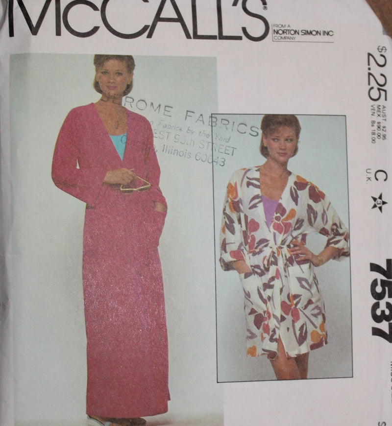 McCalls 7537, Misses Robe, Cover up, Uncut Sewing Pattern