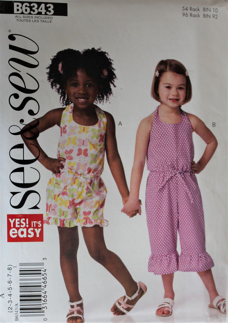 Butterick See and Sew B6343, Girls Jumpsuits, Rompers, Uncut Sewing Pattern