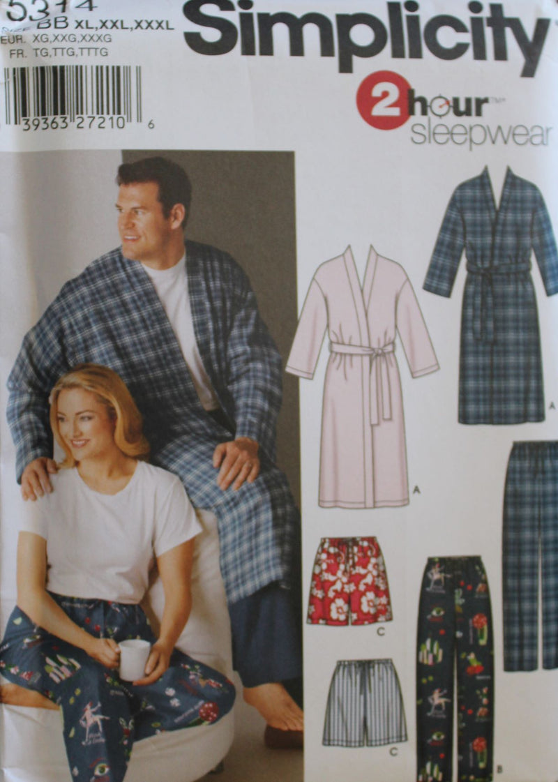 Simplicity 5314, Mens, Womens Sleepwear, Robes, Uncut Sewing Pattern