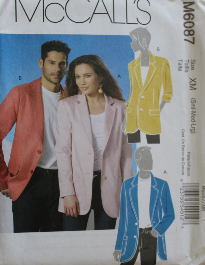 McCalls M6087, Mens, Womens Jackets, Lined, Uncut Sewing Pattern