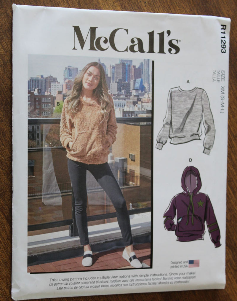 McCalls R11293, Misses Tops, Sweatshirts, Hooded, Uncut Sewing Pattern, Sz Varies