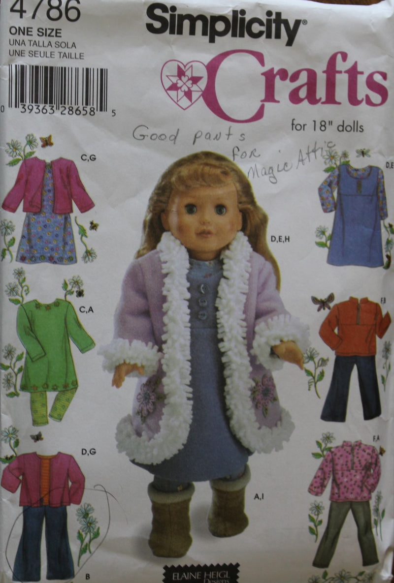 Simplicity 4786, Doll Clothing, 18" Dolls, Sewing Pattern