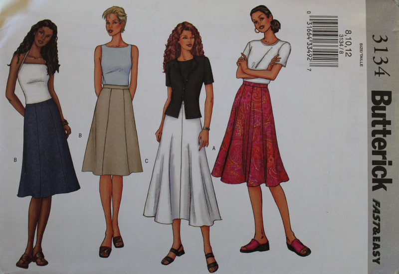 Butterick 3134, Misses Skirts, Uncut Sewing Pattern, Sz Varies