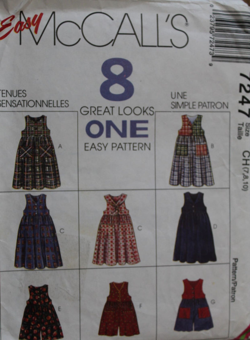 McCalls 7247, Girls Jumpers, Rompers, Dresses, Uncut Sewing Pattern