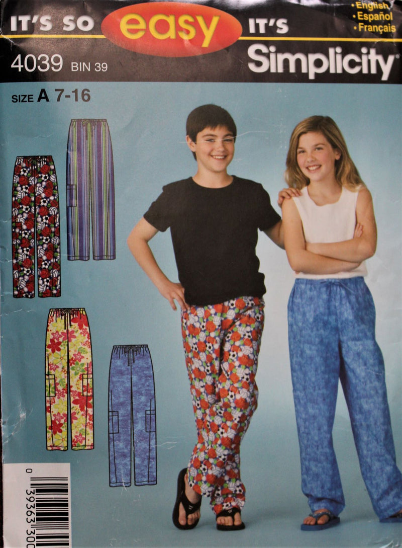 Simplicity 4039, Childrens Pants, Uncut Sewing Pattern