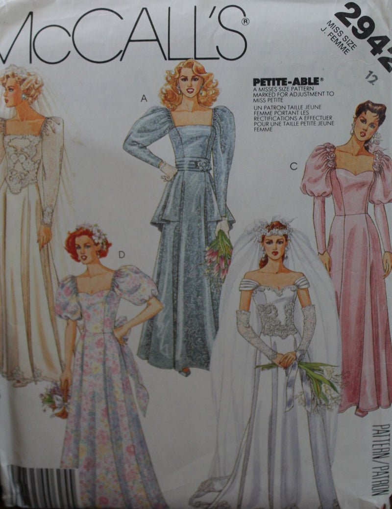 McCalls 2942, Misses Dresses, Bridal, Evening Wear, Uncut Sewing Pattern