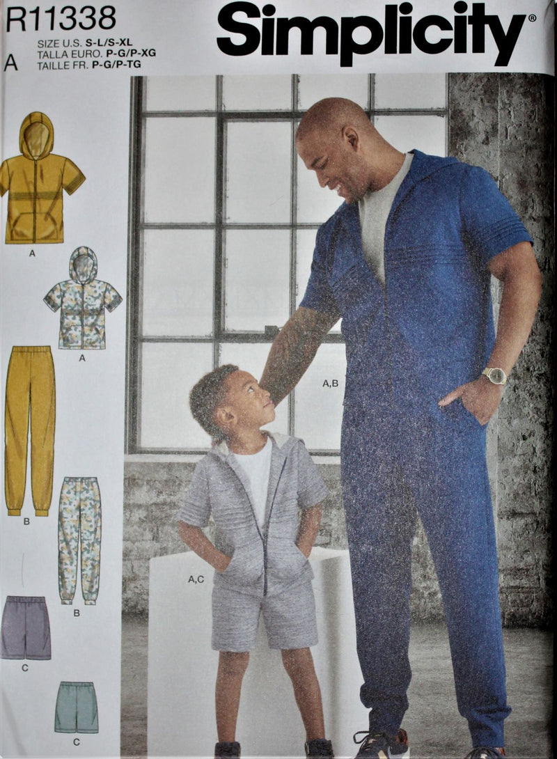 Simplicity R11338, Mens and Boys Track Suit, Hoodie, Pants, Shorts, Uncut Sewing Pattern