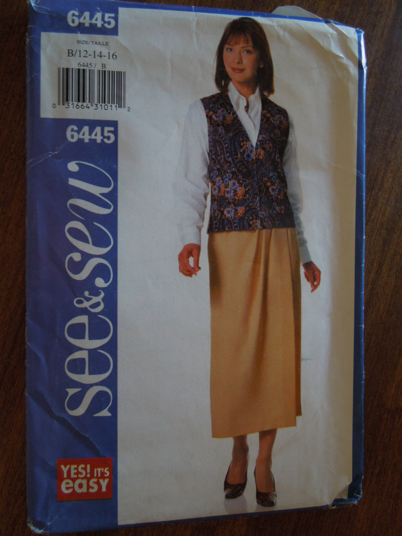 See and Sew 6445, Misses, Vests, Skirts, Sizes 12-16, Petite, UNCUT sewing pattern,