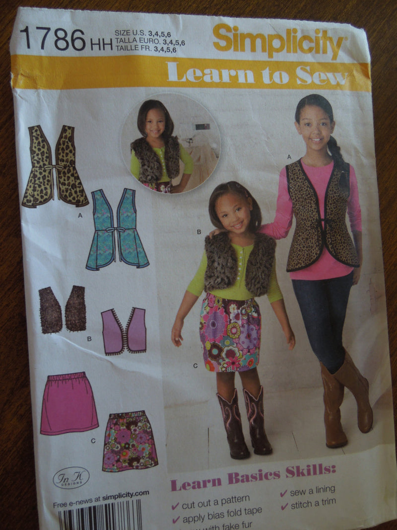 Simplicity 1786, Girls, Skirts,  Vests, UNCUT sewing pattern,