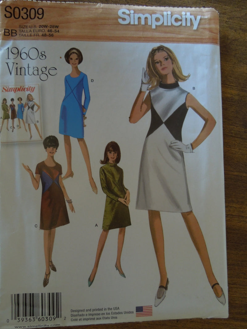 Simplicity S0309, Womens, Dresses, Sizes 20W-28W, 1960s, UNCUT sewing pattern ,