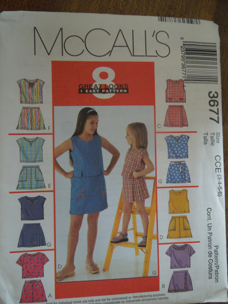 McCalls 3677, Girls Tops and Shorts, UNCUT sewing pattern,