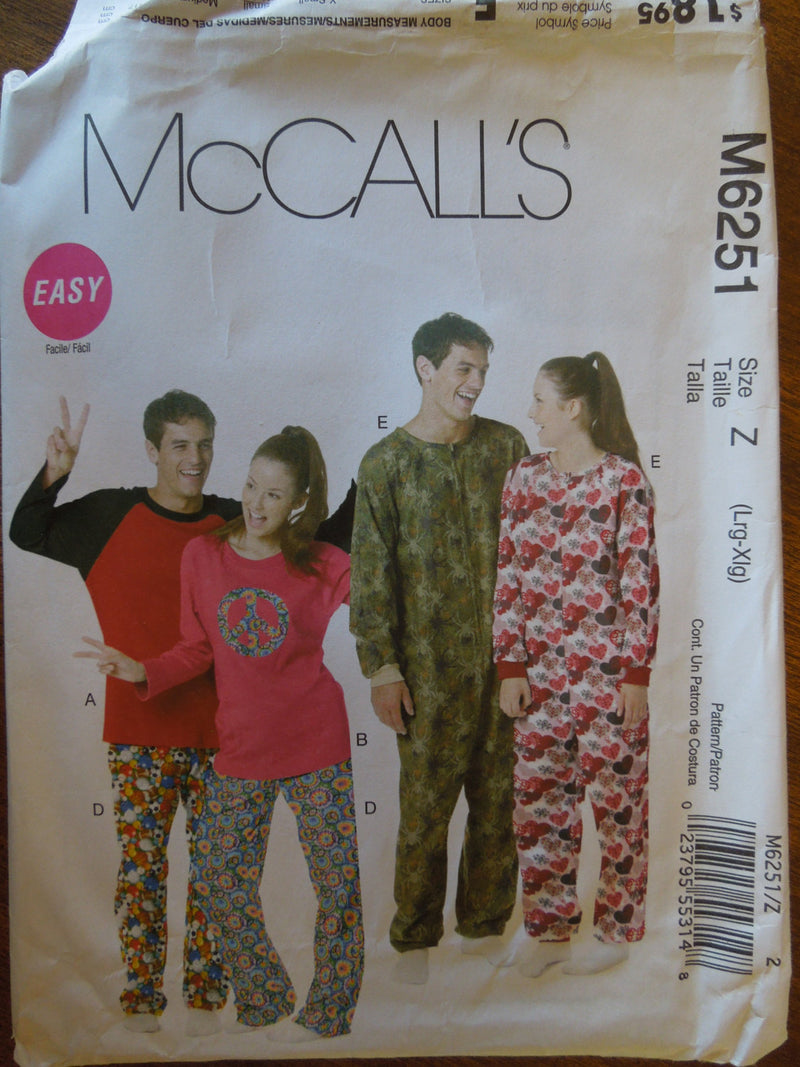 McCalls M6251, Mens, Misses, Tops, Pants, Jumpsuits,  Sizes L to XL,  UNCUT sewing pattern,