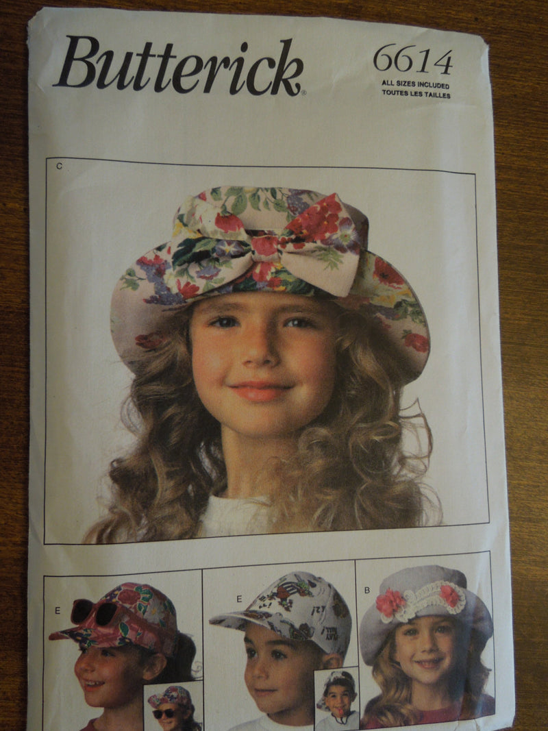Butterick 6614, girls, boys, caps, hats, UNCUT sewing pattern,