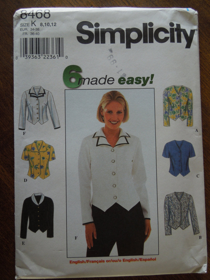 Simplicity 8468, sizes 8-12, misses,  petite, blouses, UNCUT sewing pattern,