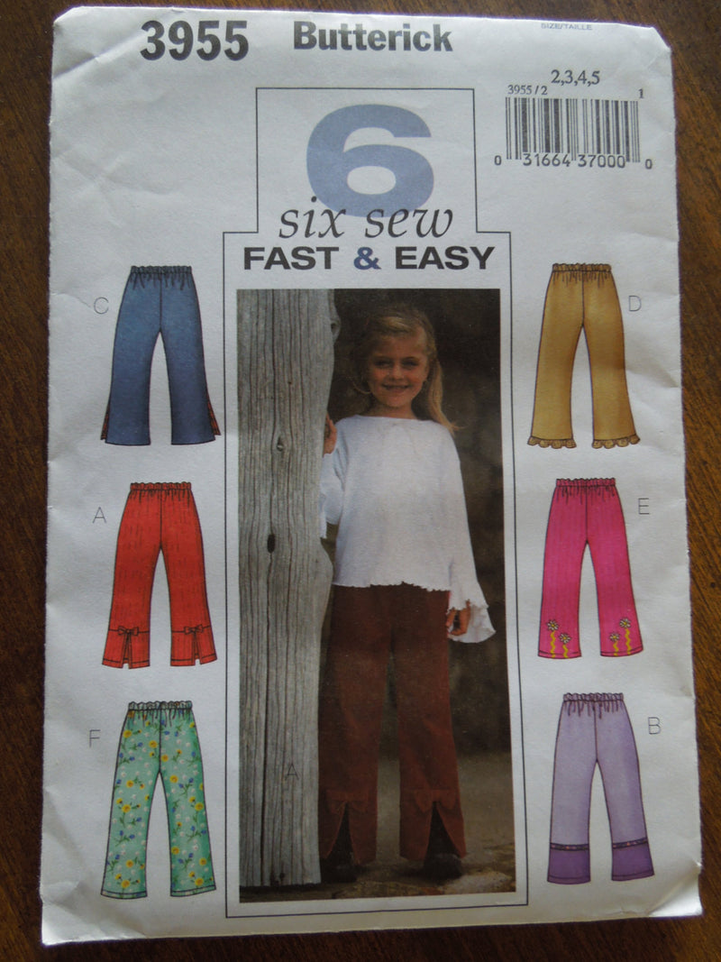 Butterick 3955, Girls, Pants, Sizes 2 to 5, UNCUT sewing pattern,  pants