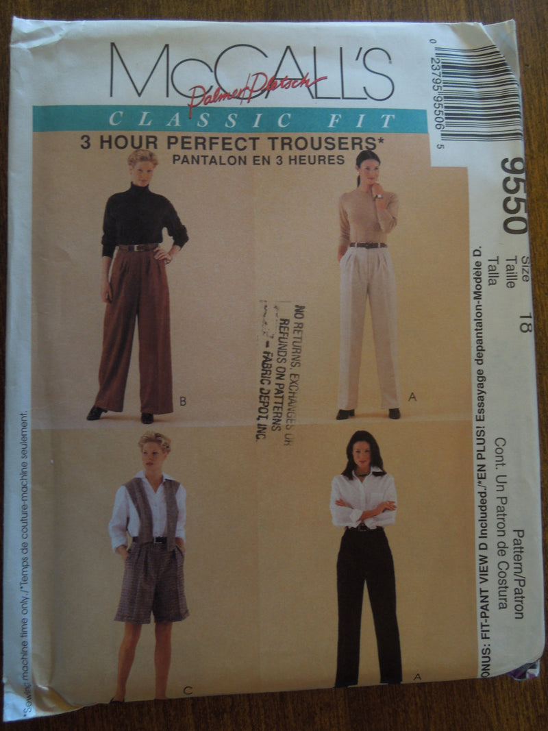 McCalls 9550, Misses, Pants, Shorts,  sizes 18, UNCUT sewing pattern
