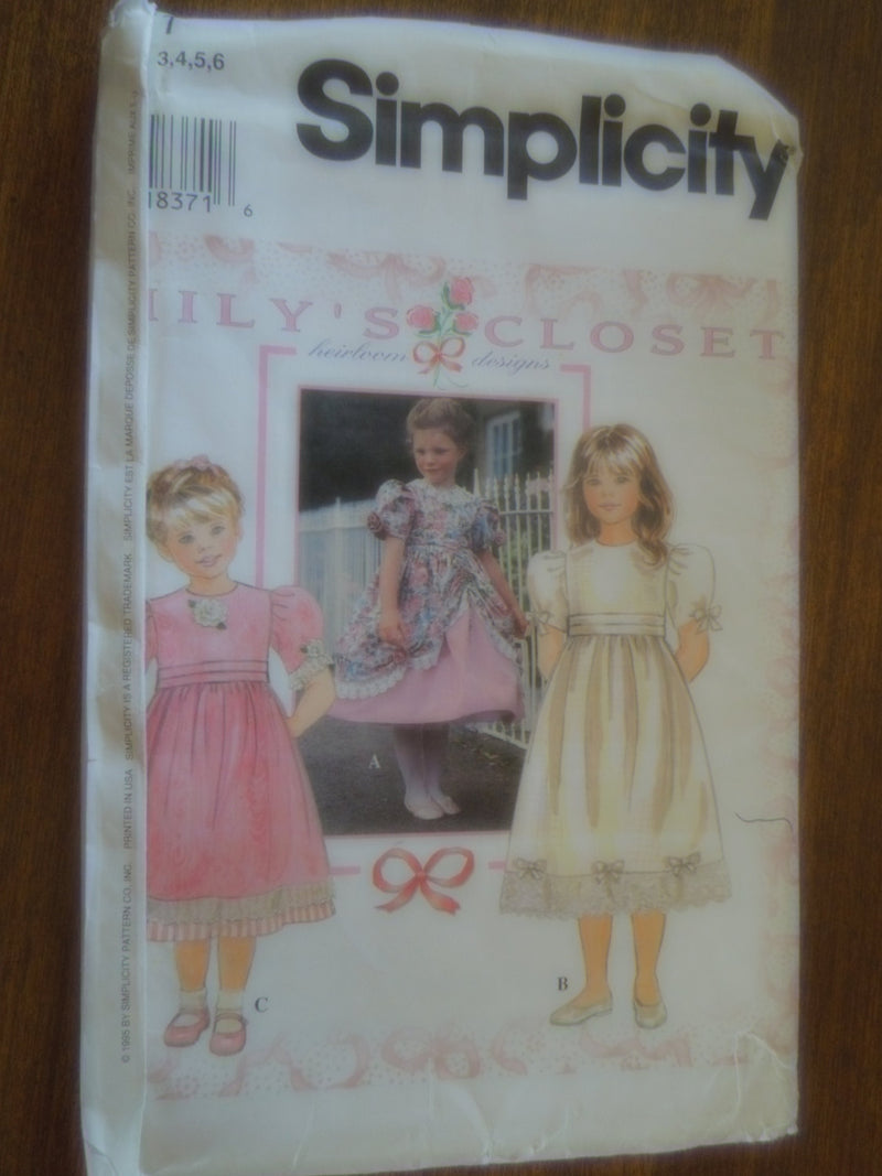 Simplicity 9851, Girls, Dresses, Sizes 3 to 6,  Emily's Closet, UNCUT sewing pattern,