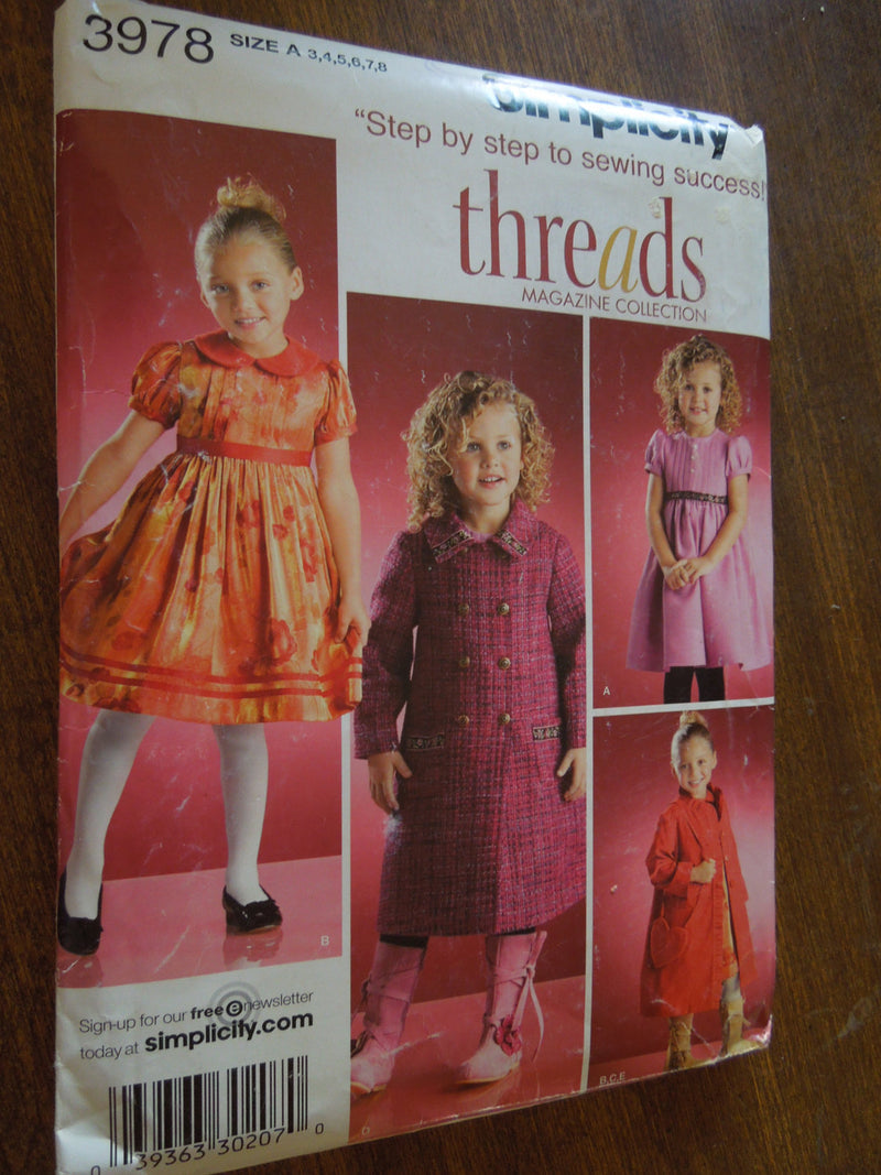 Simplicity 3978,  Girls Dresses, Lined Coat,  UNCUT Sewing Pattern,