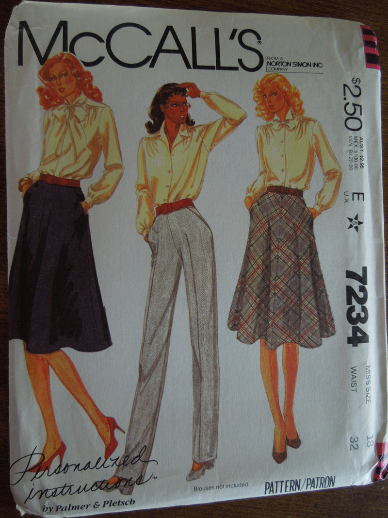 McCalls 7234, Misses, Skirts, Pants, Size 18, UNCUT sewing pattern,