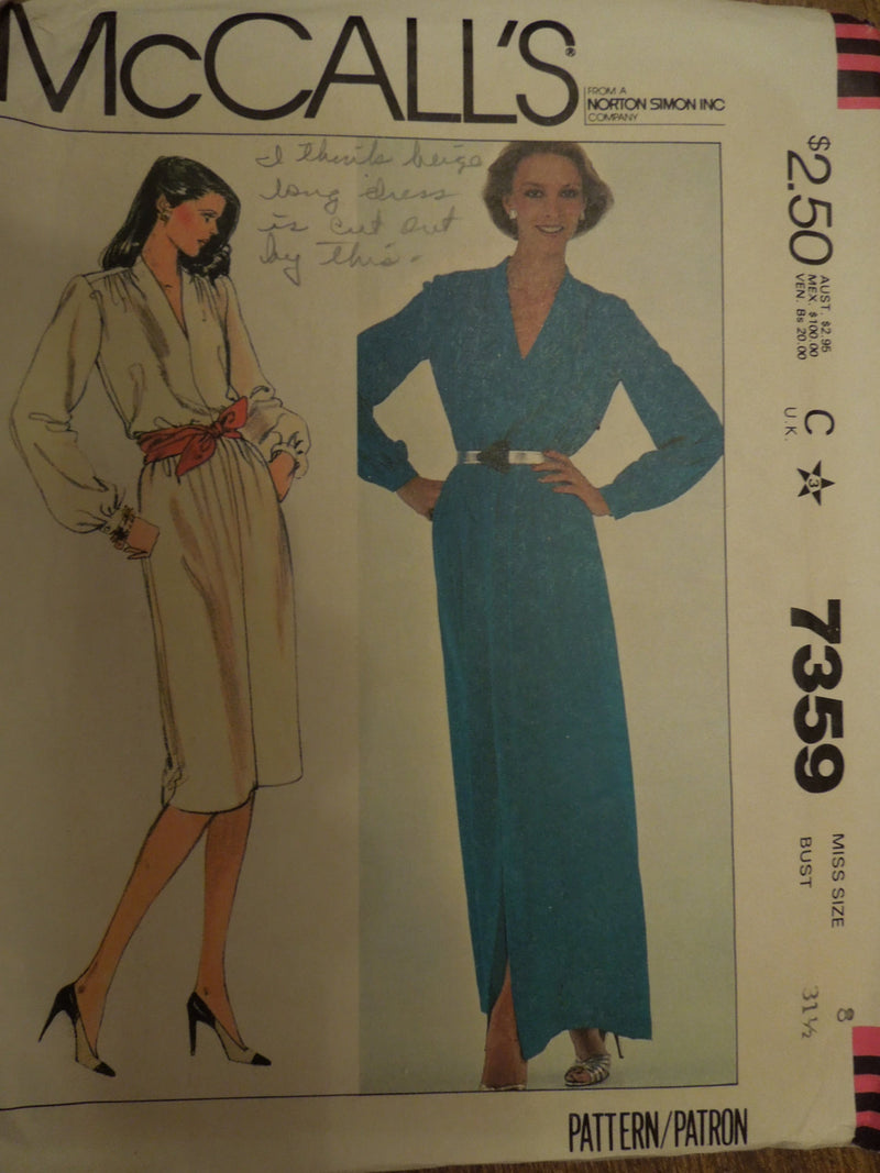 McCalls 7359, Misses, Dresses, Pullover Style,  size 8, UNCUT sewing pattern,
