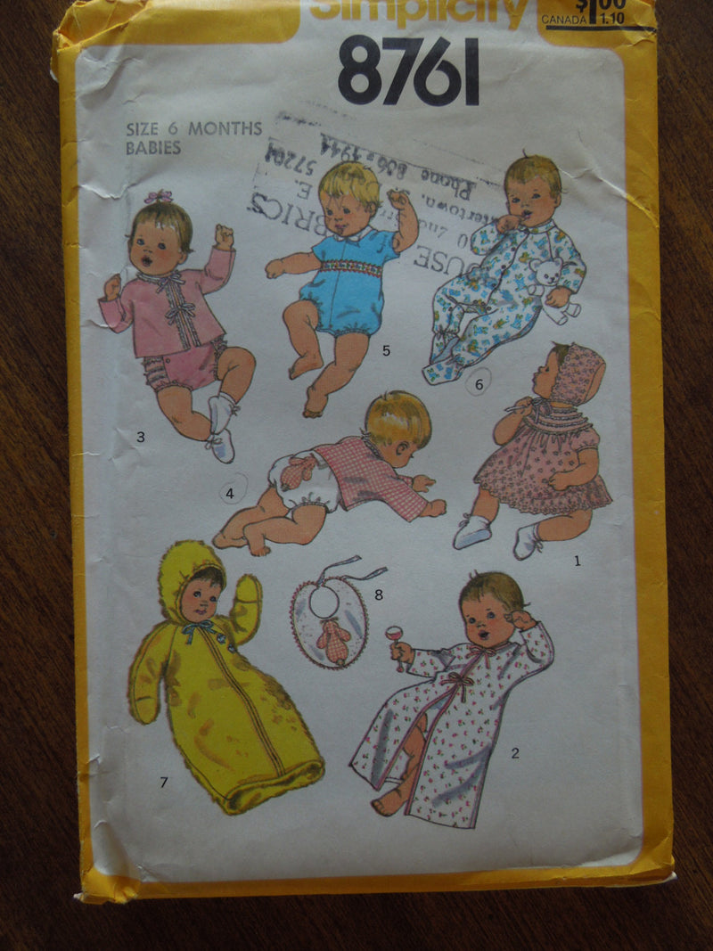 Simplicity 8761, baby, infant, layette, UNCUT sewing pattern,  6 months