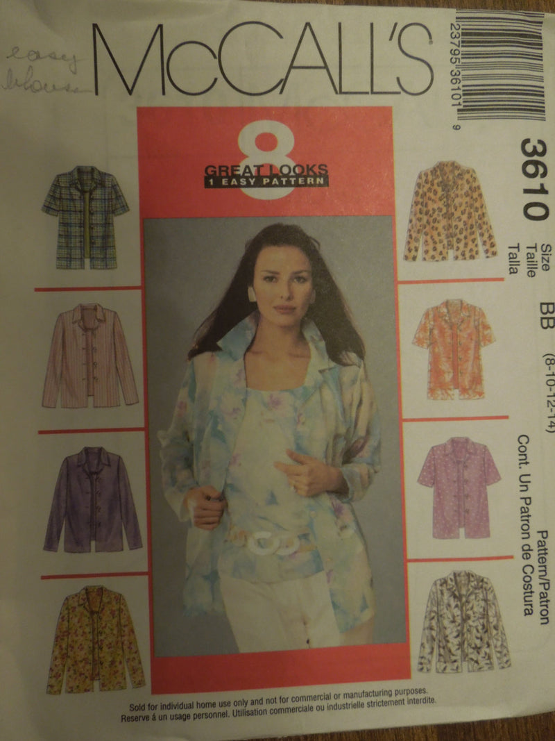 McCalls 3610,  Misses, Tops, Pullover Style, Sizes vary, UNCUT sewing pattern,