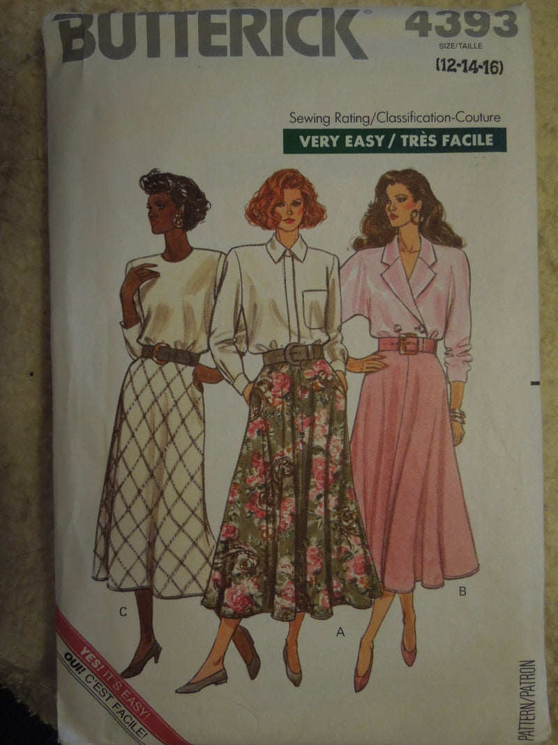 Butterick 4393, Misses, Skirts, Sizes 12-16, UNCUT sewing pattern,