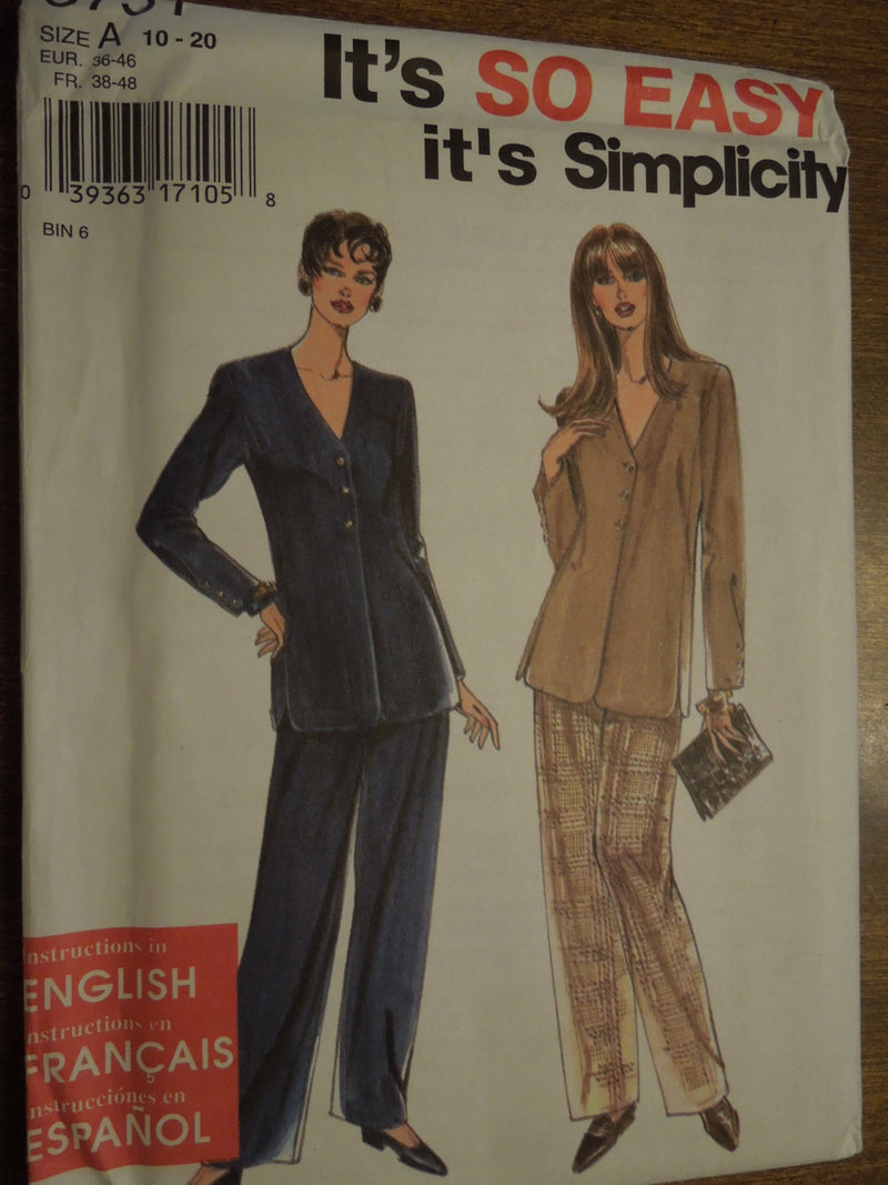 Simplicity 9751, Misses, Jackets, Pants, UNCUT sewing pattern,