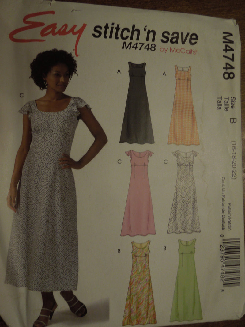McCalls, Stitch n Save M4748,  Misses Dresses, UNCUT sewing pattern, Sz Varies