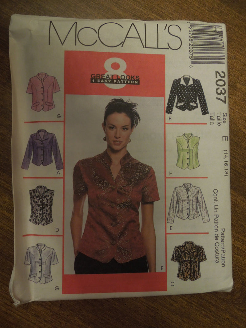 McCalls 2037, Misses, Shirts, Blouses, Sz Varies,  UNCUT sewing pattern,
