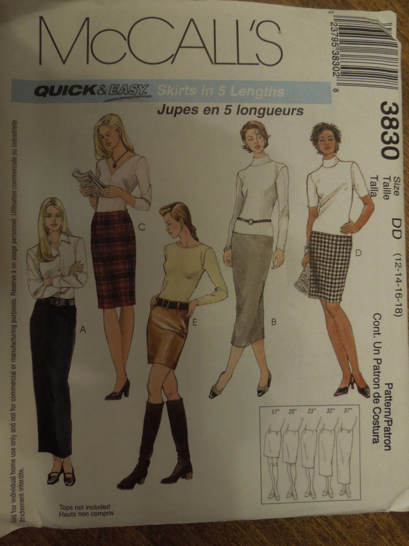 McCalls 3830, Misses, Skirts, Sizes vary,  in 5 lengths, UNCUT sewing pattern,