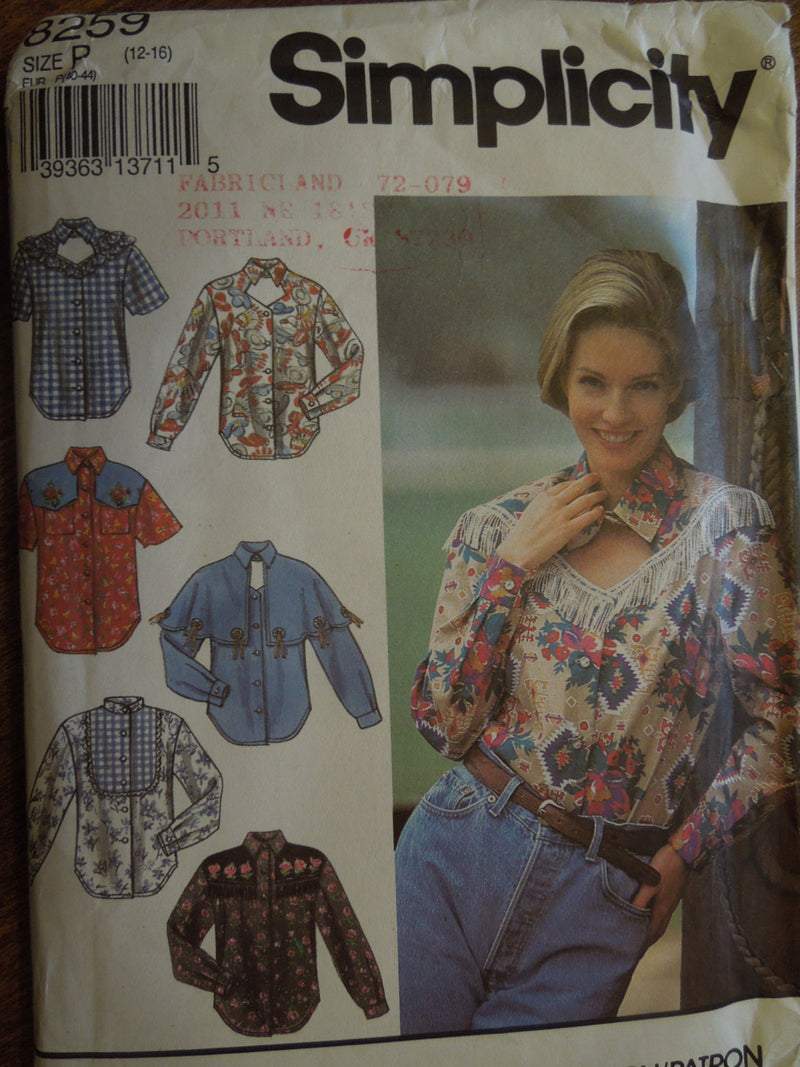 Simplicity 8259, Misses Blouses, Western Shirts, UNCUT sewing pattern