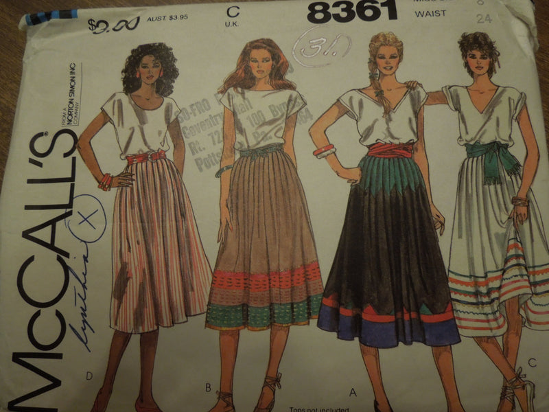 McCalls 8361, Misses,  Skirts, Size 8,  UNCUT sewing pattern,