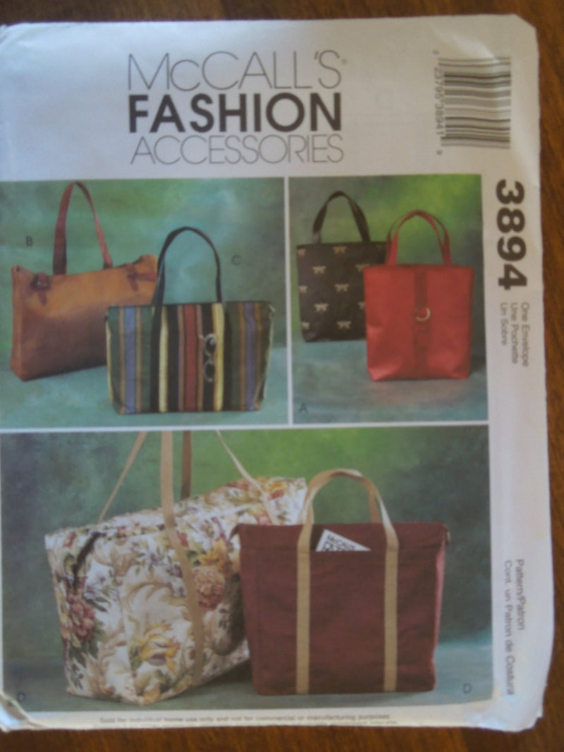 McCalls 3894, bags, totes, UNCUT sewing pattern,