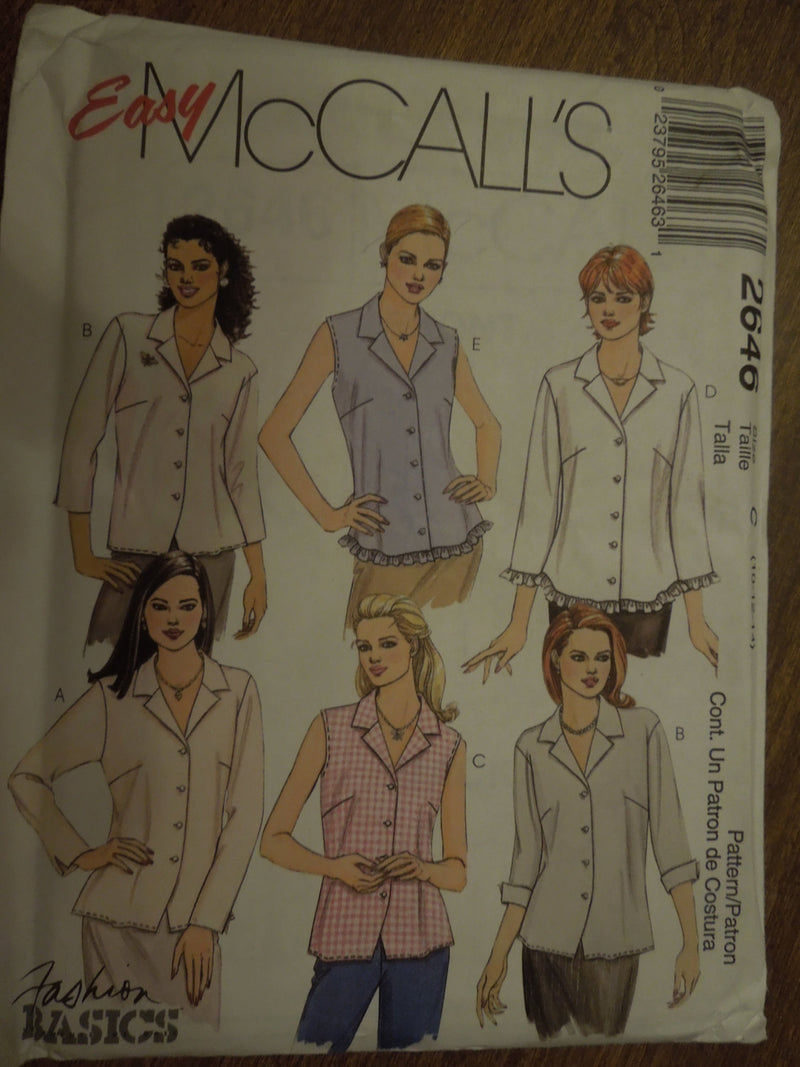McCalls 2646,Misses Tops, Shirts, Blouses, UNCUT Sewing Pattern