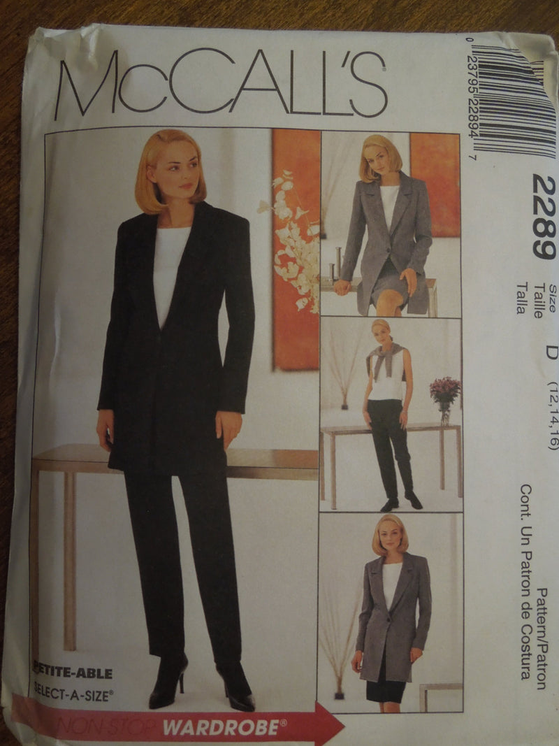 McCalls 2289, Misses Separates, Lined Jacket, UNCUT sewing pattern,