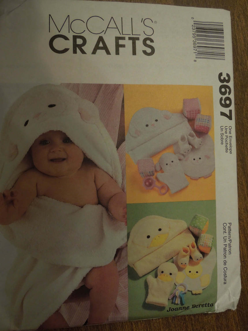 McCalls 3697, infants,  hooded towel, wash mitts, bibs, booties, play blocks, UNCUT sewing pattern,
