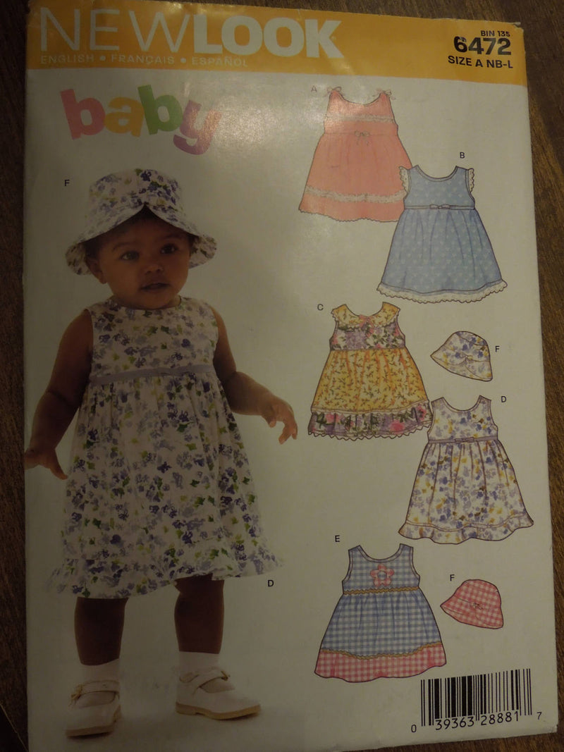 New Look 6472, sizes NB to Large, UNCUT sewing pattern, babies, dresses, hat