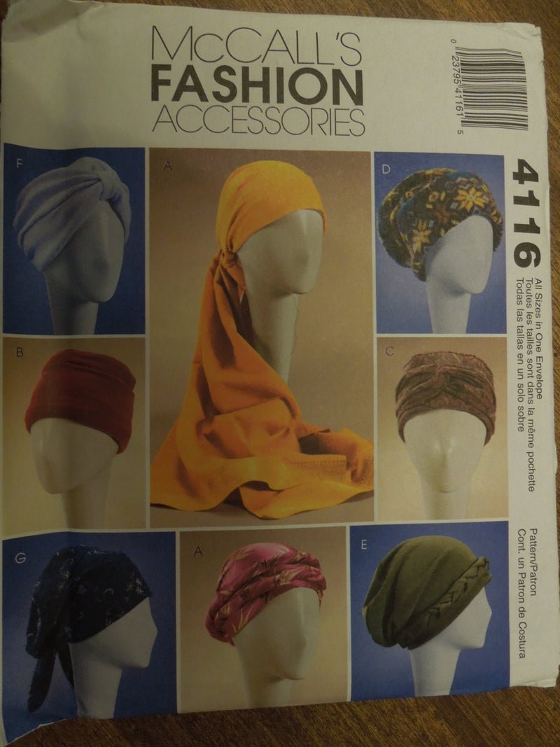 McCalls 4116,Hats, Headcoverings, UNCUT Sewing Pattern