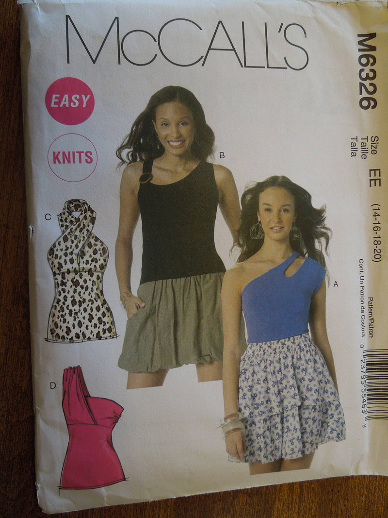 McCalls M6326, Misses, Tops, Knits, Sizes 14-20,UNCUT sewing pattern