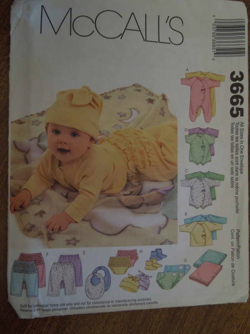 McCalls 3665, Infants Layette, Baby Clothing,  UNCUT Sewing Pattern,  Coveralls, Diaper Covers,