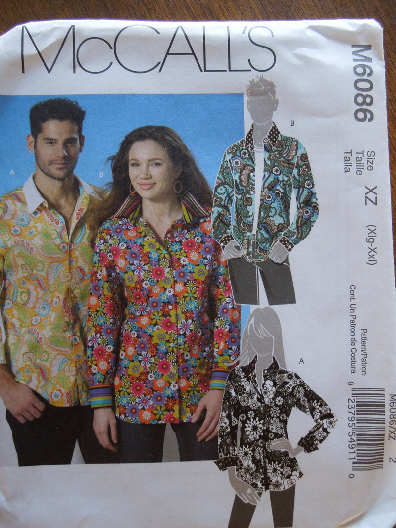 McCalls M6086, Mens, Misses Shirts, UNCUT sewing pattern,