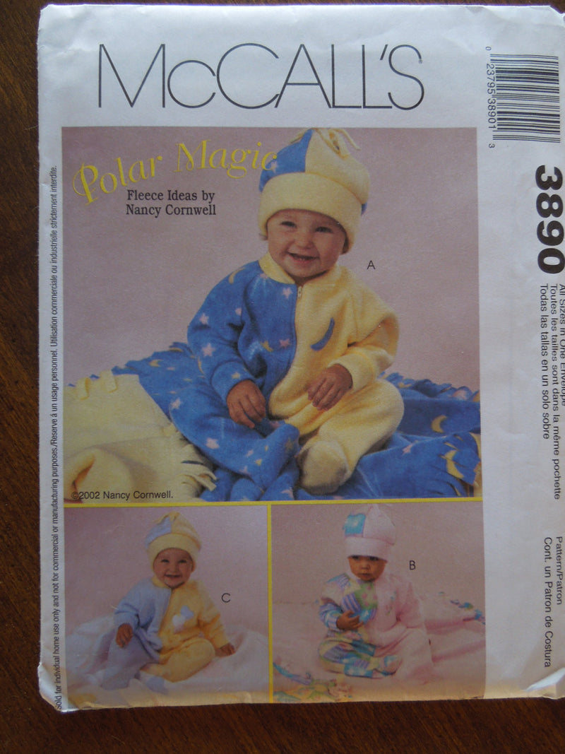 McCalls 3890,  Infants Jumpsuit, Blanket, Hats, UNCUT sewing pattern,