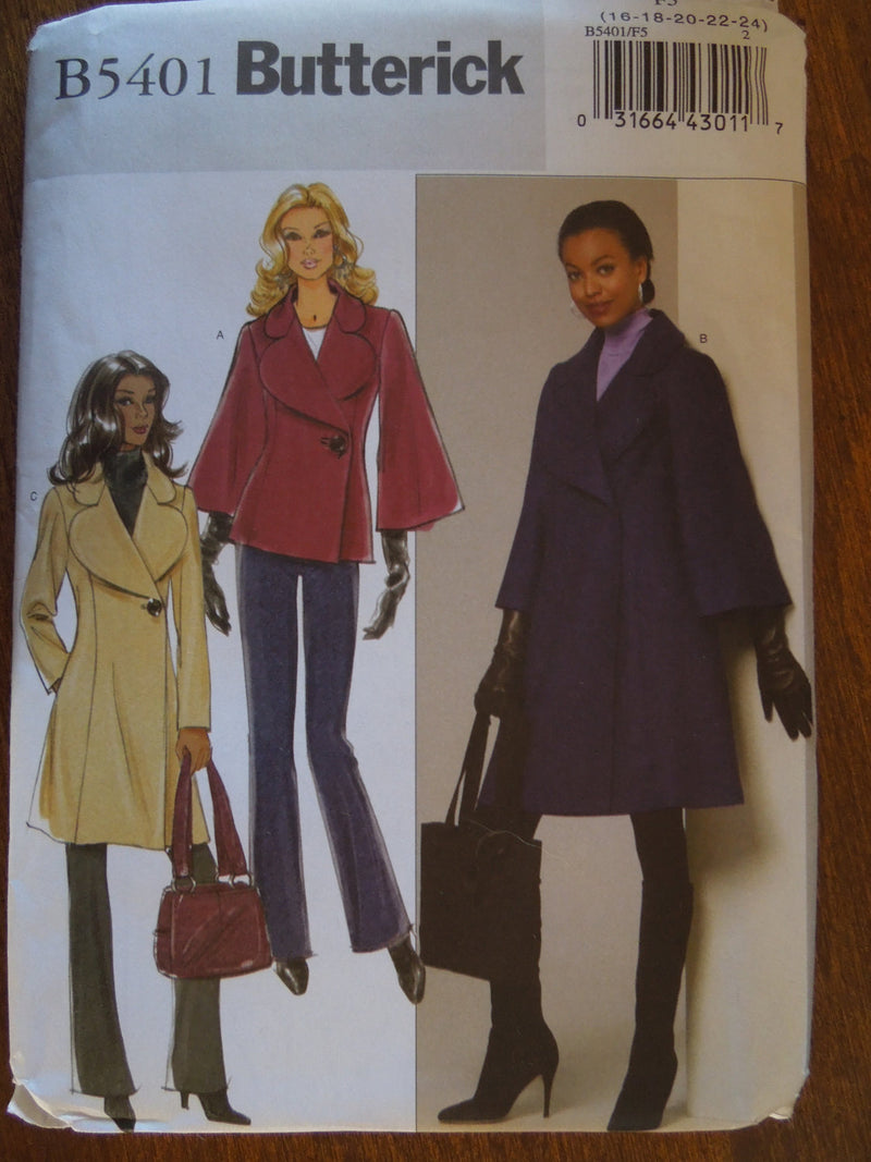 Butterick B5401, Misses Coats, Lined,  UNCUT sewing pattern,
