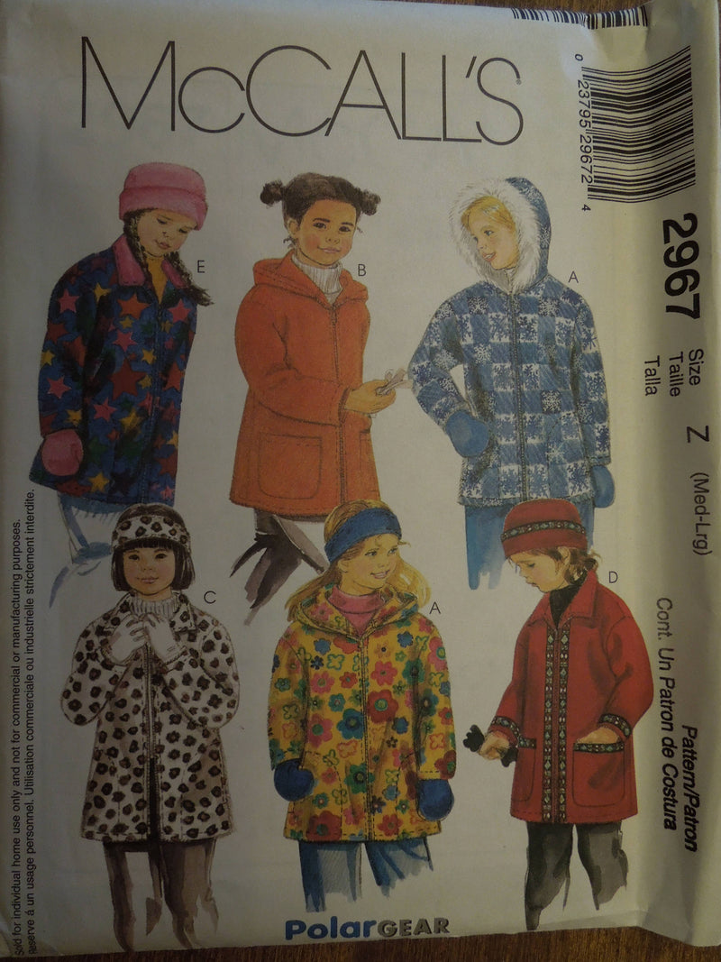 McCalls 2967, Childrens Jackets, Hats, Mittens, UNCUT sewing pattern,