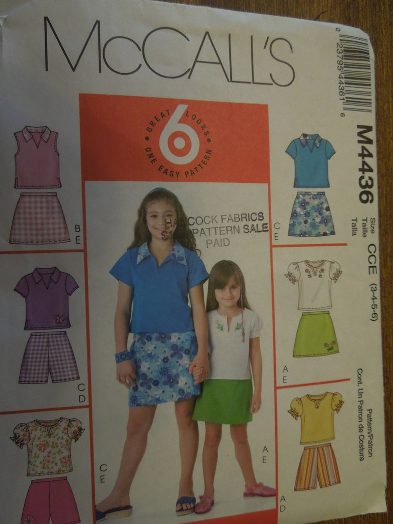 McCalls M4436, Girls, Tops, Shorts, Skirts, Sizes 3-6, UNCUT sewing pattern,